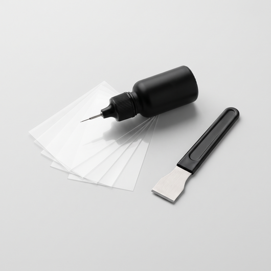 Wexxford GlassFix windshield repair kit: resin applicator, curing films and razor blade