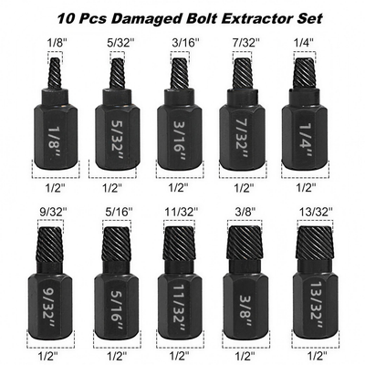 Modnestic 10PCS damaged bolt extractor set, ten sizes from 1/8 to 13/32 inch on 1/2 inch hex bodies